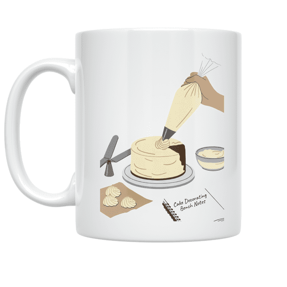 Cake Decorating Bench Notes Mug, Cake Decorators, Bakers, and Celebration Planners, 11 oz White Ceramic
