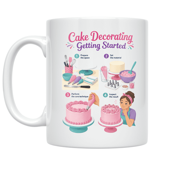 Cake Decorating Getting Started Mug, Cake Decorators, Bakers, and Celebration Planners, 11 oz White Ceramic