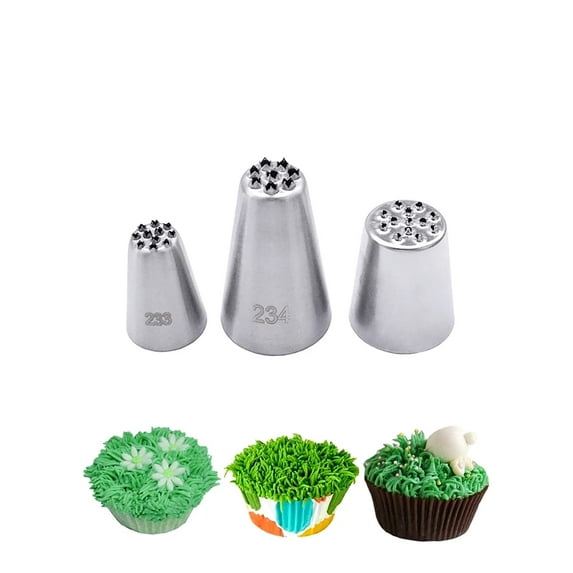 Cake Decorating Grass Tip Set, 3PCS Icing Nozzles 233 234 29, Piping Tips for Grass Fur Hair on Cupcakes Cookies Cakes, Silver