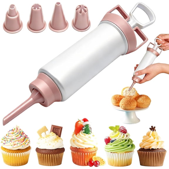 Cake Decorating Gun, Cupcake Icing Piping Kit, Cake Decorating Kit with 5 Piping Tips, Cupcake Injector/Decorating Icing Set, Pink