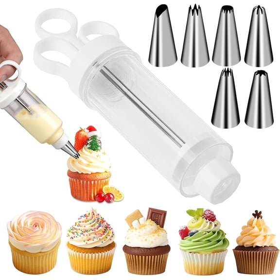 Cake Decorating Gun, Cupcake Icing Piping Kit, Cake Decorating Kit with 6 Stainless Steel Piping Tips, Cupcake Injector/Decorating Icing Set, White