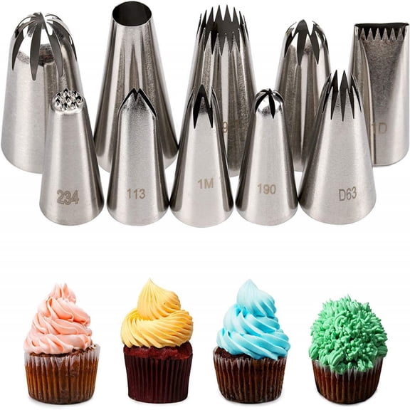 Cake Decorating Icing Piping Tip Set w/ 10 X-Large Stainless Steel Tips and 20 Heavy Duty Pastry Bags for Cupcakes Cakes Meringues Whipped Cream and Dough - Seamless Rust-Resistant 304 Steel - For