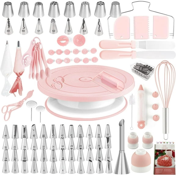 Cake Decorating Kit,137pcs Cake Decorating Supplies with Cake Turntable for Decorating,Pastry Piping Bag,Russian Piping Tips Baking Tools, Cake Baking Supplies for Beginners(Light Pink)