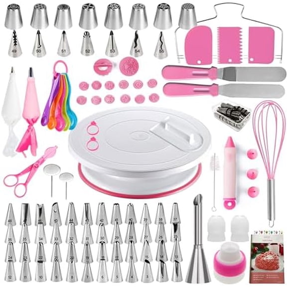 Cake Decorating Kit,137pcs Cake Decorating Supplies with Cake Turntable for Decorating,Pastry Piping Bag,Russian Piping Tips Baking Tools, Cake Baking Supplies for Beginners(Pink)