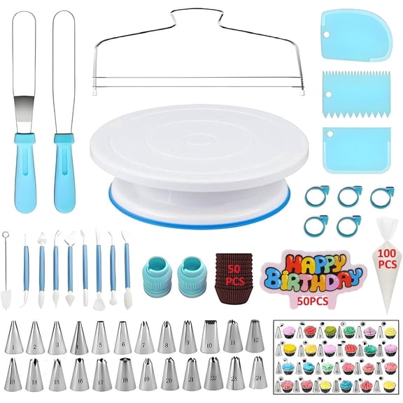 Cake Decorating Kit, 248 Pcs Baking Supplies Tools with Cake Turntable, Leveler, 24 Numbered Icing Tips, 2 Spatulas, 3 Scrapers, 2 Couplers, 50 Cupcake Liners, 100 Pastry Bags & More, (Blue)