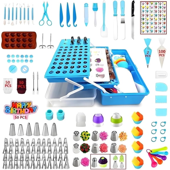 Cake Decorating Kit, 387 count Baking Supplies (Blue) | 56 Icing Tips, 8 Russian+Ball Tips, 3 Spatulas, 5 Couplers, 8 Carved Pens, 102 Pastry Bags, Storage Box &