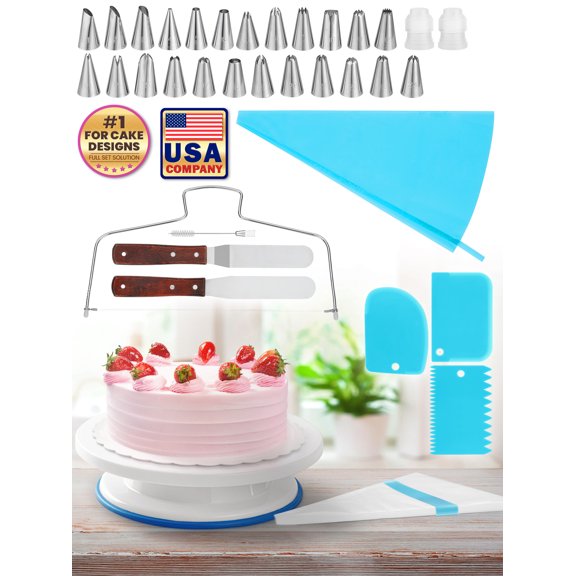 Cake Decorating Kit (65 Pcs), Baking Supplies Set W/ Rotating Turntable & 24 Unique Design Icing Tips, Piping Bags & More by EcoEarth