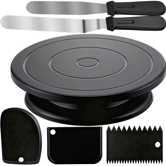 Cake Decorating Kit Baking Supplies Cake Turntable with 2 Frosting Straight Angled Spatula 3 Icing Smoother Scrapers Baking Accessories Tools for Beginners and Pros, Black