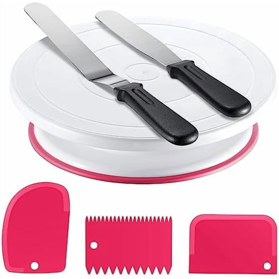 Cake Decorating Kit Baking Supplies Set Cake Turntable with 2 Frosting Straight Angled Spatula 3 Icing Smoother Scrapers Baking Accessories Tools for Beginners and Pros, Pink