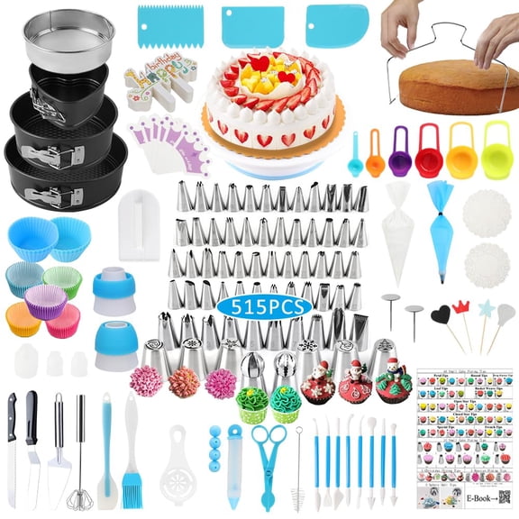 Cake Decorating Kit Cake Decorating Supplies, 515 PCS Baking Supplies Set with 3 Springform Pan Sets, 66 Icing Piping Nozzles, Cake Rotating Turntable, Piping Bags, Birthday Gifts for Mom Wife Y101