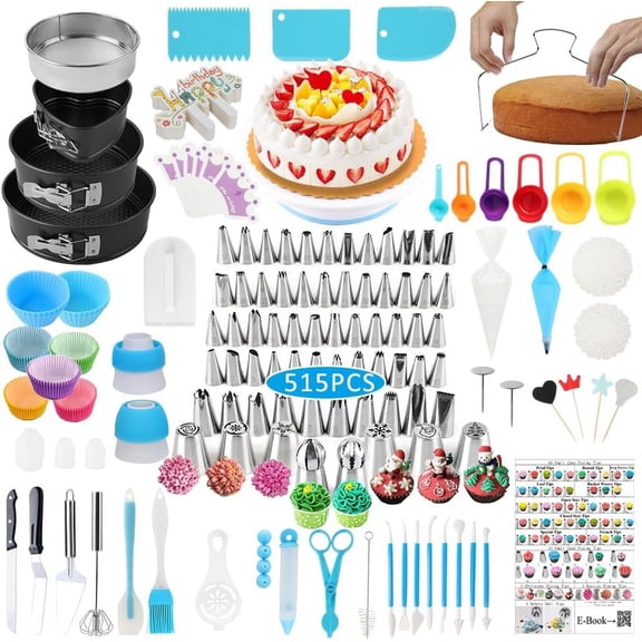 Cake Decorating Kit Cake Decorating Supplies, 515 count Baking Supplies Set with 3 Springform Pan Sets, 66 Icing Piping Nozzles, Cake Rotating Turntable, Piping Bags, Birthday Gifts for Mom Wife