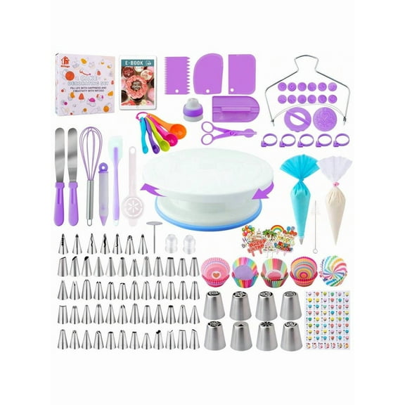 Cake Decorating Kit For Beginners Includes Video Course, EBook+ Baking Supplies - Cake Turntable, Pastry Piping Bag, Piping Icing Tips For Beginners