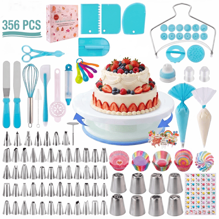 356Pcs Cake Decorating Supplies Set Baking Tools with Rotating Turntable, Piping Bags & 55+8 Icing Tips for Beginners