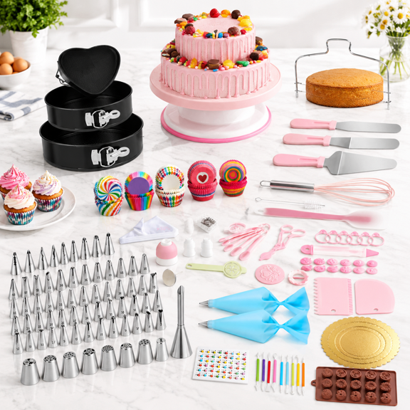 Cake Decorating Kit with Turntable, Springform Pans, Leveler, Piping Tips, and Baking Supplies