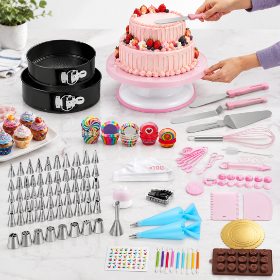Cake Decorating Kit with Turntable, Springform Pans, Numbered Piping Tips and Baking Supplies