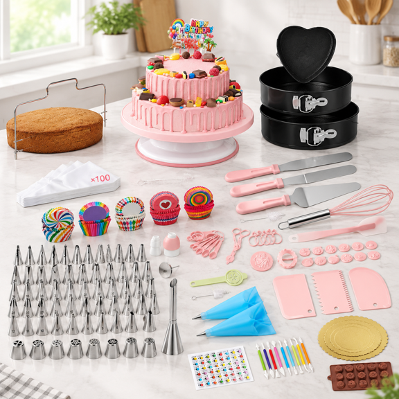 Cake Decorating Kit with Turntable, Springform Pans, Numbered Piping Tips, and Baking Supplies