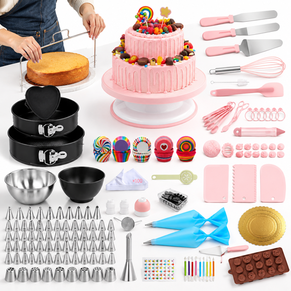Cake Decorating Kit with Turntable, Springform Pans, Piping Tips and Baking Supplies