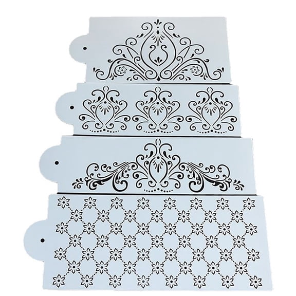 Cake Decorating Stencils, 11.5 to 14.92 Inch Length Assortment, 4 Piece Food Grade PET Plastic Templates with Floral Hollow Lace Molds for Wedding Birthday Borders, Qtmrj
