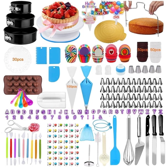 Cake Decorating Supplies | Cake Decorating Kit Baking Supplies Set For Beginners | Rotating Cake Turntable Stand | Icing Piping Tips & Bags | Frosting & Pastry Tools (520 Pcs set)