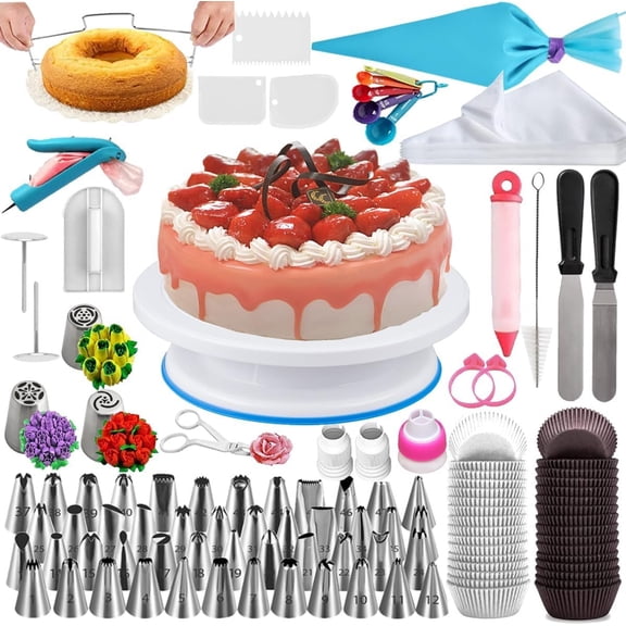 Cake Decorating Supplies Kit, 206 count Baking Set for Beginners With Cake Turntable Stand Rotating Turntable,Russian Piping Tips Set, Cake Baking Supplies for Cake Lovers