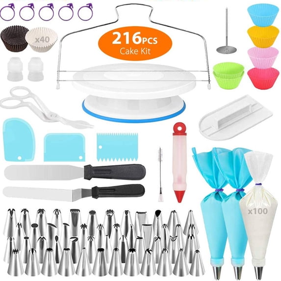 Cake Decorating Supplies Kit, 216PCS Baking Tools Set for Cakes, Cake Decorating Tools with Cake Turntable Stand,Icing Piping Nozzl