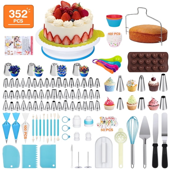 Cake Decorating Supplies Kit, 352 Pcs Cake Decorating Kit with 48 Numbered Piping & 6 Korean Tips,Cupcake Decorating Kit for Beginners,Cake Baking Supplies with Non-slip Rotating Turntable,Plastic