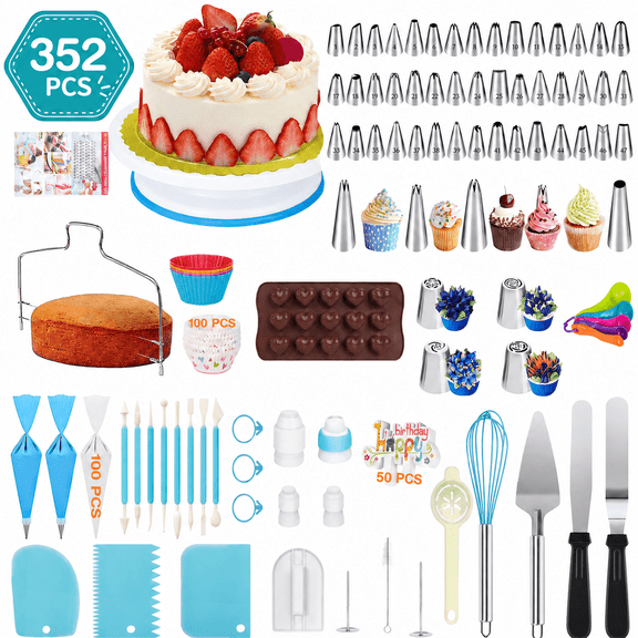 Cake Decorating Supplies Kit, 352 Pcs Cake Decorating Kit with 48 Numbered Piping & 6 Korean Tips,Cupcake Decorating Kit for Beginners,Cake Baking Supplies with Non-slip Rotating Turntable,Plastic