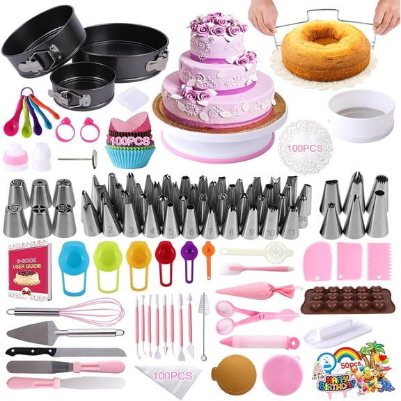 Cake Decorating Supplies Kit 464 Pcs with Non-Slip Cake Turntable and Springform Cake PansIcing Piping Tips SetChocolate Mould & Muffin CupsBaking Supplies for Beginners and Cake Lovers