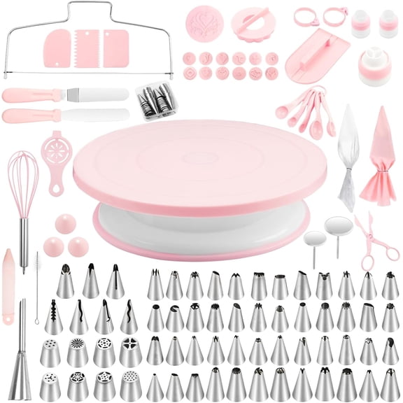 Cake Decorating Supplies Kit, Cake Turntable for Decorating, 64 Icing Ping Tips, 32 Piping Bags,3 Icing Scrapers, 2 Spatulas, 14 Fondant Mould, Cake Leveler for Baking Beginners
