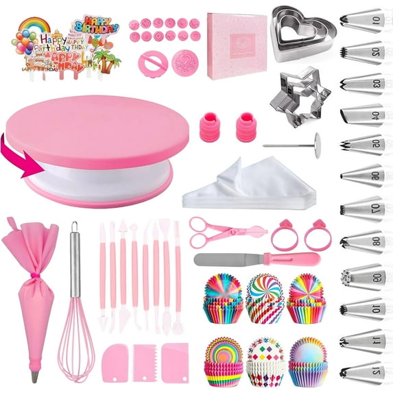 Cake Decorating Supplies Kit Tools 255pcs, Cake Decorating Set with Cake Turntable, 12 Numbered Icing Piping Tips, Cookie Cutters, Icing Smoother & Other Accessories for Cake Decoration (255, Pink)