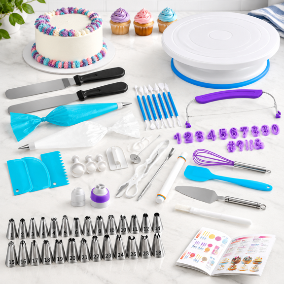 Cake Decorating Supplies Kit with Turntable, Piping Bags, Tips, and Modeling Tools (White, Purple, 230)