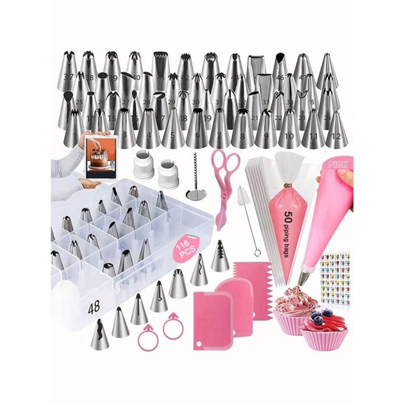 Cake Decorating Supplies Set with Storage Box - 116pc Baking Kit Includes 55 Piping Tips, 50 Pastry Bags, 3 Icing Spatulas for Creative Cupcake Cookie Making