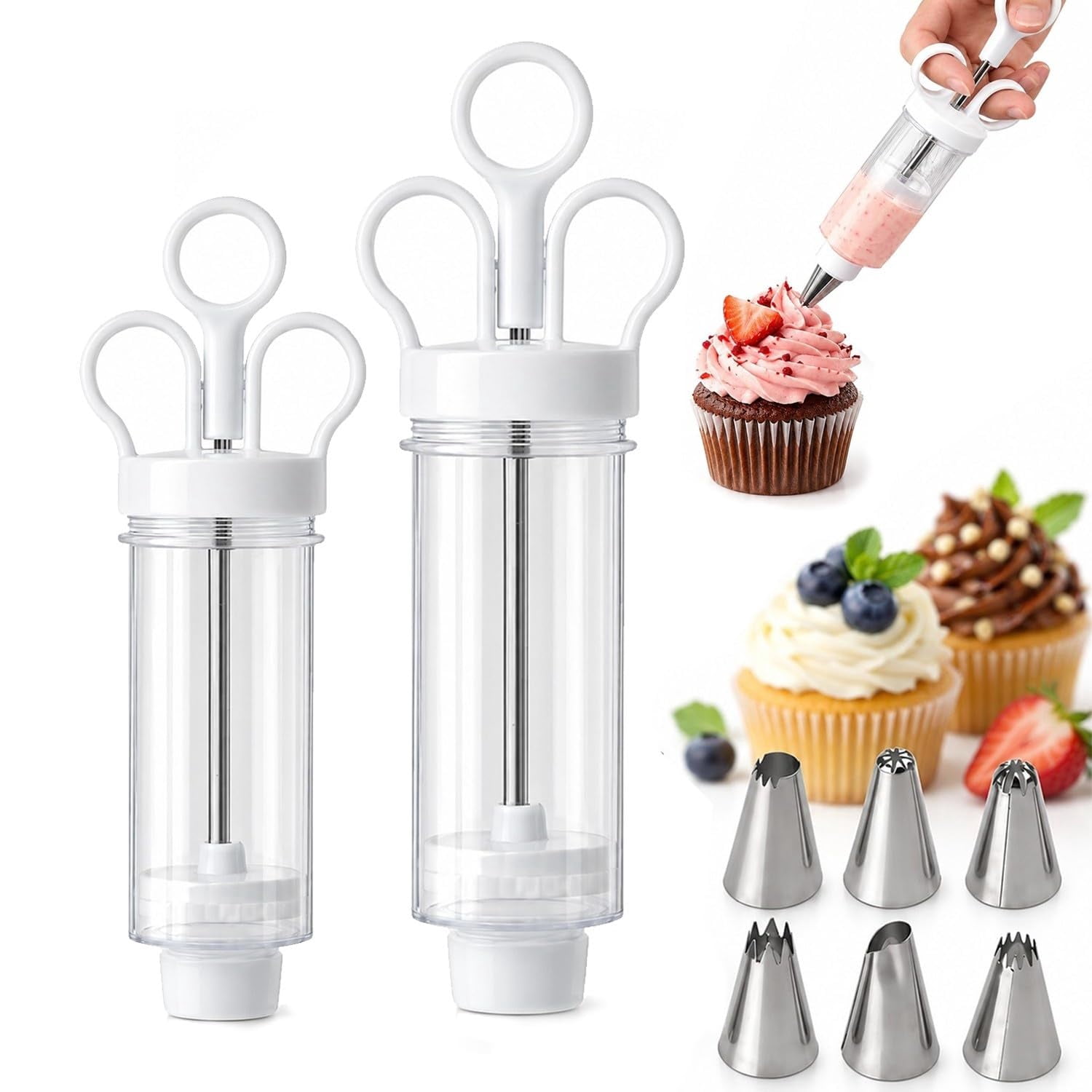Clear frosting piping syringe dispensing cream onto cupcakes