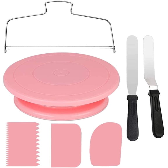 Cake Decorating Turntable,Cake Decorating Supplies With Decorating Comb/Icing Smoother(3pcs),2 Icing Spatula With Sided & Angled (Pink/7pcs)