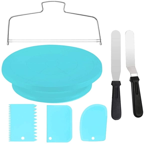 Cake Decorating Turntable,Cake Decorating Supplies with Decorating Comb/Icing Smoother(3pcs),2 Icing Spatula with Sided & Angled (Blue 11 In)