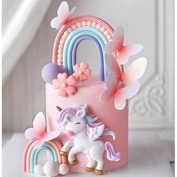 Cake Decoration Set with Rainbow Unicorn Butterfly Flower Toppers, Party Dessert Accessories, Multi-layered 3D Shapes, Soft Color Combinations
