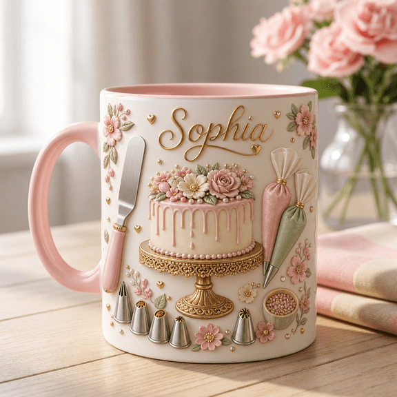 Cake Decorator Mug with 3D Effect Personalized Name Floral Baking Gift