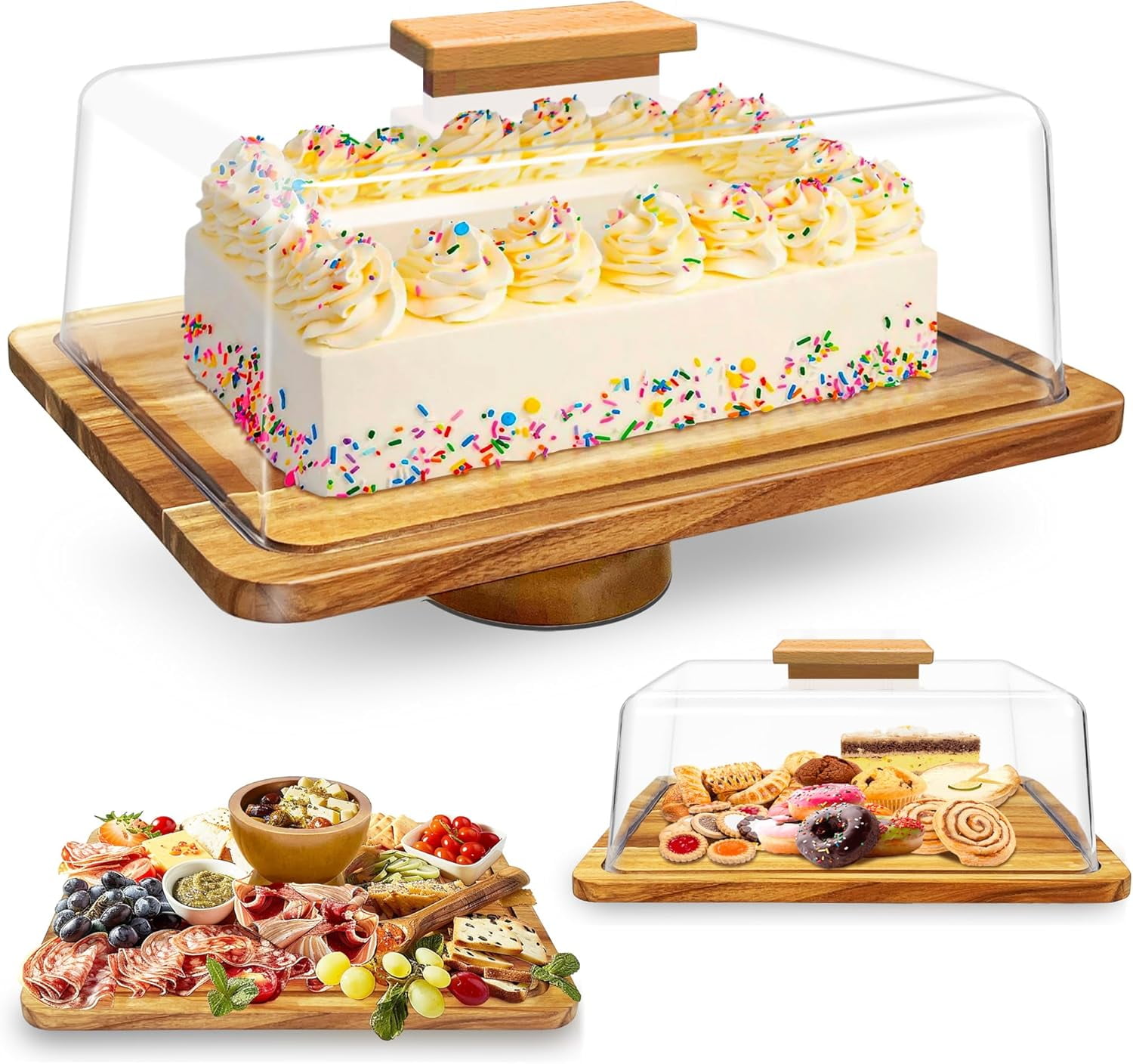 Cake Dome Acacia Wood 3in1, Rectangular Cake Stand with Lid, Cake