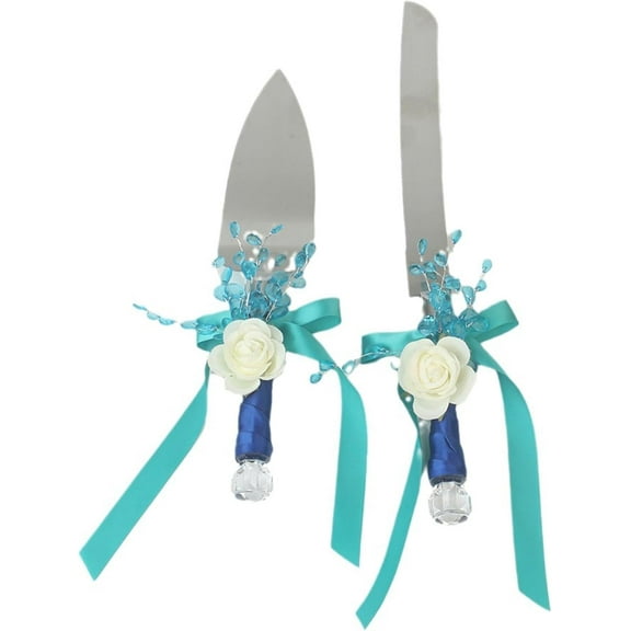 Cake Knife and Server Set:2 Piece set with Stainless Steel Knife and Sever, Wedding Knife Set Decors with Flowers and Crystal, Wedding Accessories (Dark blue)