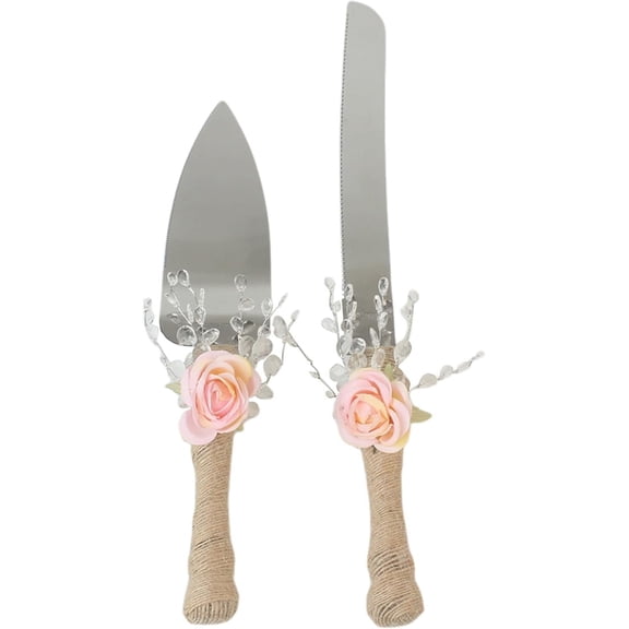 Cake Knife and Server Set:2 Piece set with Stainless Steel Knife and Sever, Wedding Knife Set Decors with Flowers and Crystal, Wedding Accessories (pink)