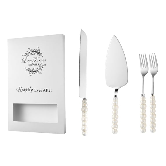 Cake Knife and Server Set, Stainless Steel Cake Spatula with Ceramic Pearl Handle, 4-Piece Baking Tools for Wedding Anniversary Birthday Cutting Serving