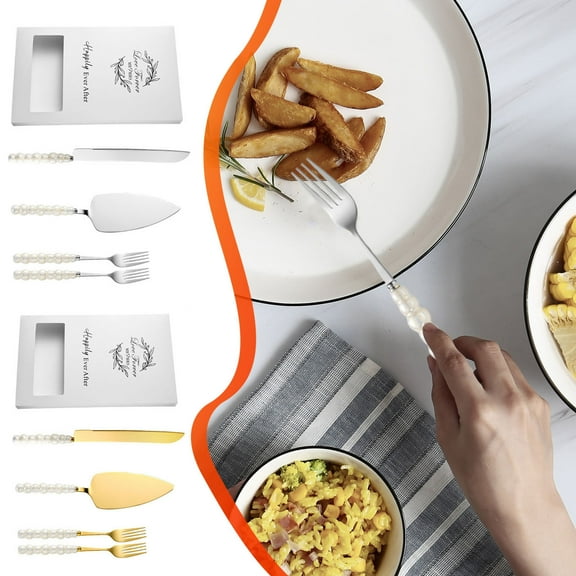 Cake Knife Spatula Set with Ceramic Pearl Handle, Stainless Steel Dessert Serving Utensils for Wedding Cake Cutting and Formal Occasions, Topliu