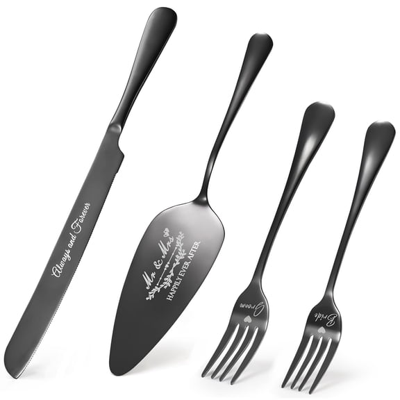 Cake Knife and Server Set, Silver Cake Cutting Set for Wedding, 4 Pieces Set with Forks for Engagements, Anniversaries, Bride and Groom