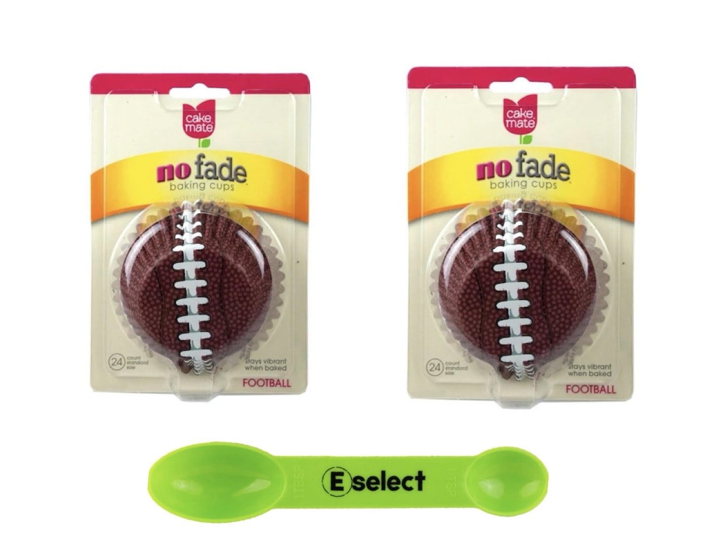 Cake Mate No Fade Football Baking Cups 2-Pack (24 Count Each) Bundled with Eselect Dual-Sided Measuring Spoon