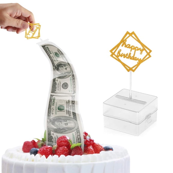 Cake Money Box for Gift, Cake Money Pull Out Kit Includes 1Pcs Clear Food-Contact Safe Box, 1Pcs Gold Cake Topper, 20Pcs Pockets for Birthday Party Cake Decorations, Clear