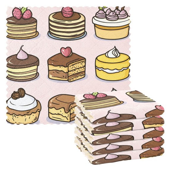 Cake Pattern Design 6 Pack Kitchen Cleaning Cloths 11'' x 11'', Super Absorbent, Soft Double Layer Plush for Dish and Surface Cleaning
