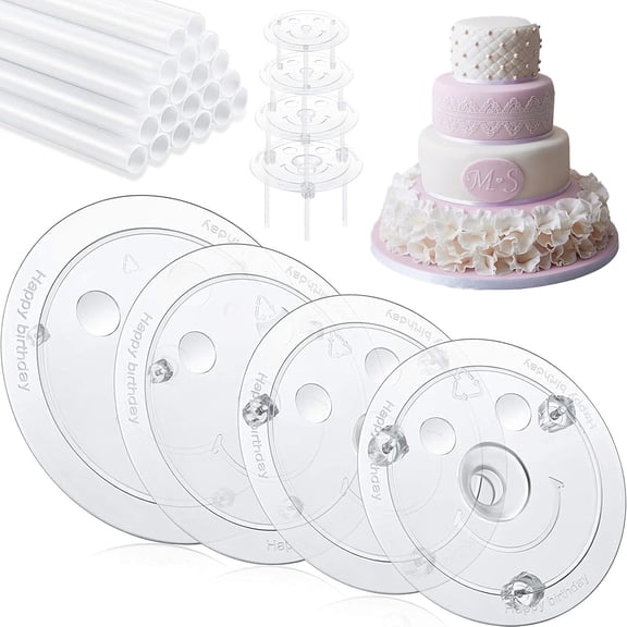 Cake Pin Sticks Set, 12 Pieces Plastic Cake Sticks Support Rods with 4 Cake Dividers for 6, 8, 10, 12 Inch Cakes, Plastic Cake Support Rods for Wedding Cake Building and Stacking (16)