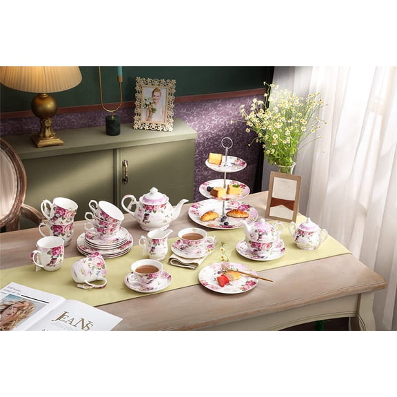 Cake Plate Set 4 Porcelain Fine China Wide Rimmed Shabby Chic (Bird Rose Butterfly)