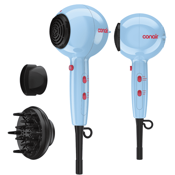 Conair Cake Pop Hair Dryer with Diffuser & Concentrator Attachments, Blue, 1 Count
