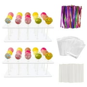 Cake Pop Kit 2 Pack Acrylic Cakepop stand 15-Hole,Including 100PCS Clear Treats Bags,100 Lollipop Sticks and 100PCS Metallic Twist Ties for Candy Cake Pop Sticks Making Tools